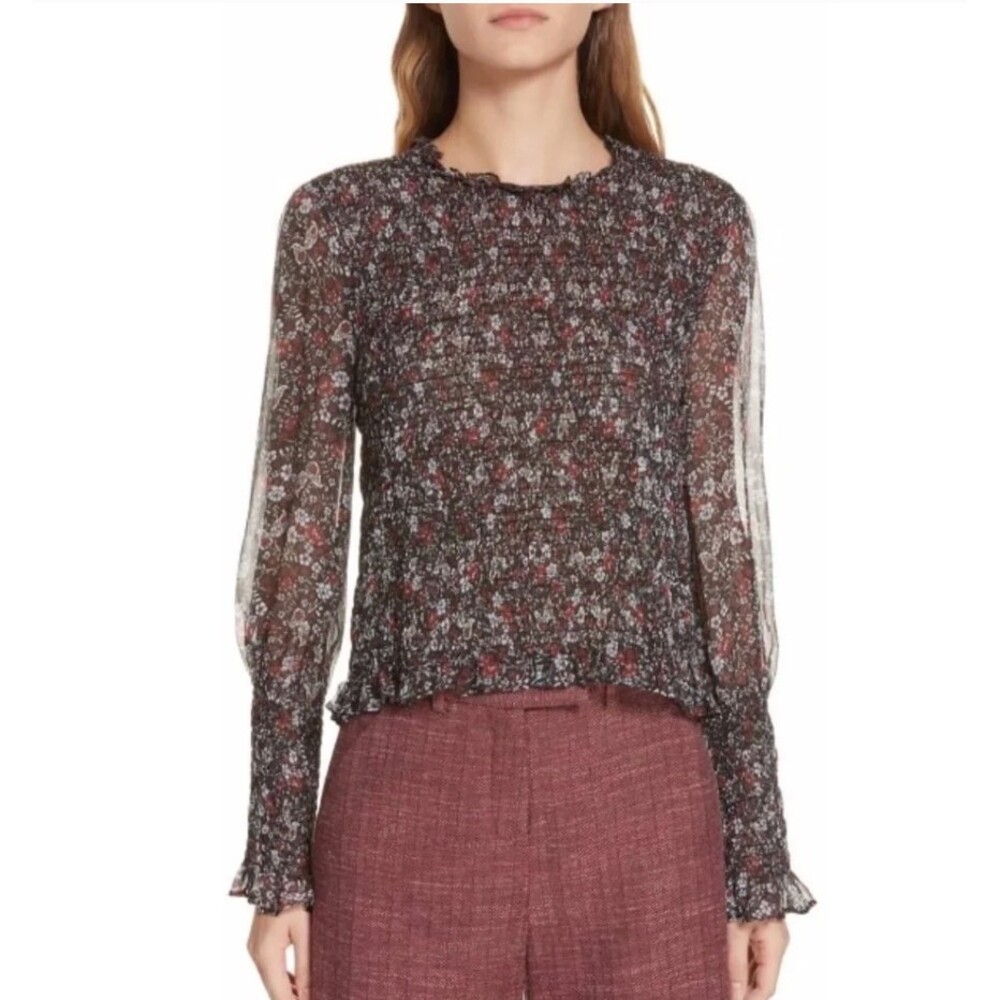 Veronica Beard Faire Black Multi Floral Silk Top Size 8 Long Sleeve Smocked